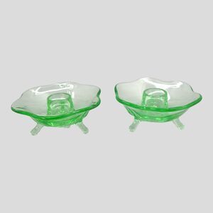 Green Vaseline Depression Glass 3 Footed Scalloped Candle Holders Set of 2